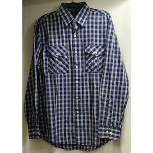 Izod Jeans Men's Blue White Plaid Long Sleeve Button Up Shirt Pockets Cotton Med